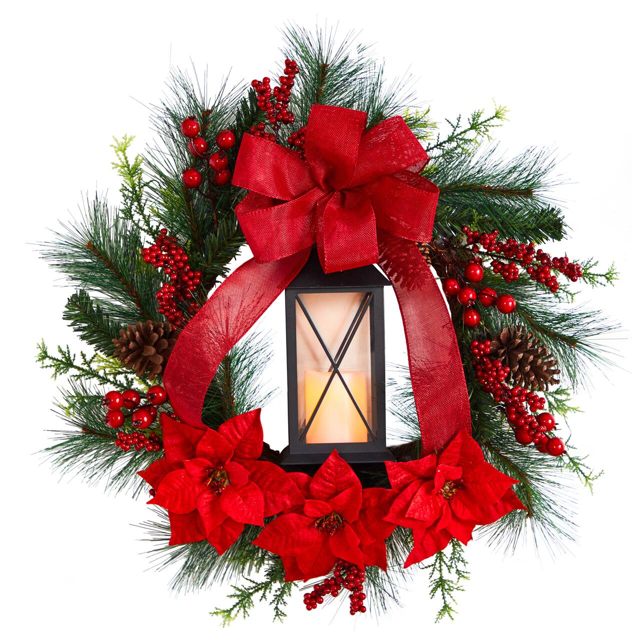 28" Poinsettia & Berry Holiday Lantern Christmas Wreath with LED Candle